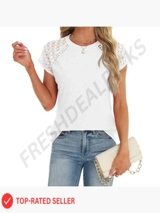 Lace Short Sleeve Tee Elegant Casual Chic Summer Blouse Trendy Basic Top - Picture 3 of 5